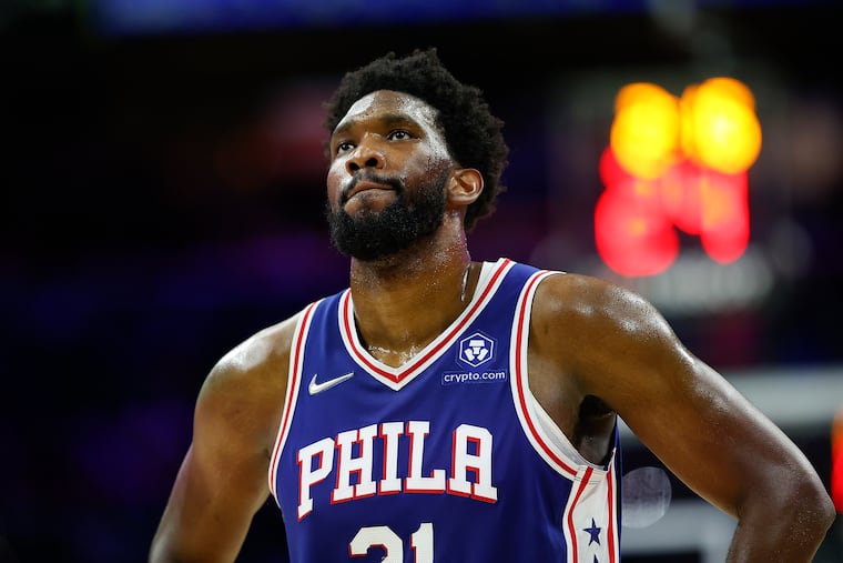 Sixers center Joel Embiid against the Atlanta Hawks on Saturday, October 30, 2021 in Philadelphia.