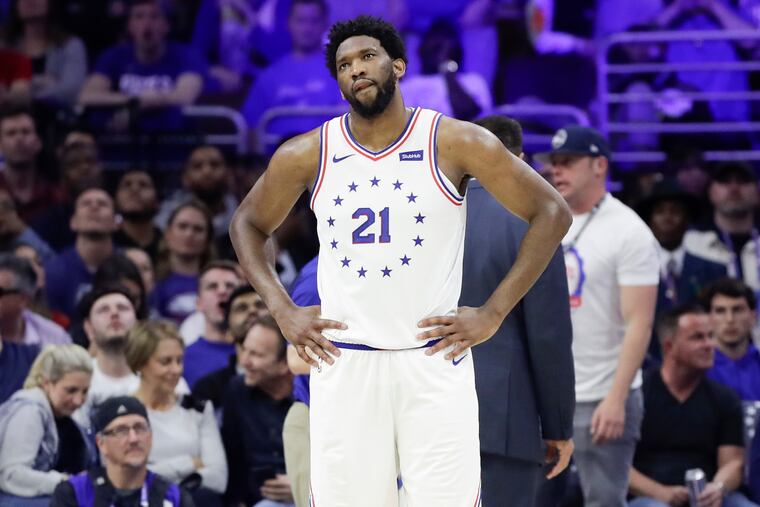 Sixers center Joel Embiid after committing a flagrant foul against the Toronto Raptors during Game 6.
