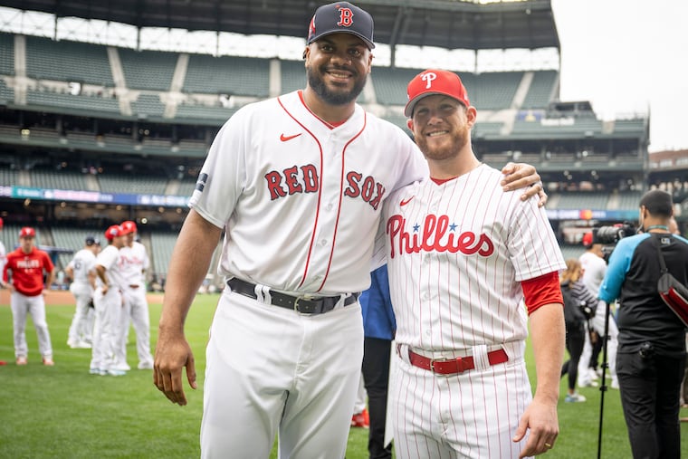 Closers Kenley Jansen of the Red Sox (left) and Craig Kimbrel of the Phillies at All-Star festivities on Monday in Seattle.