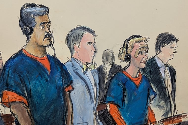In this courtroom sketch, Venezuelan President Nicolas Maduro, left, and his wife, Cilia Flores, second from right, appear in Manhattan federal court Monday.