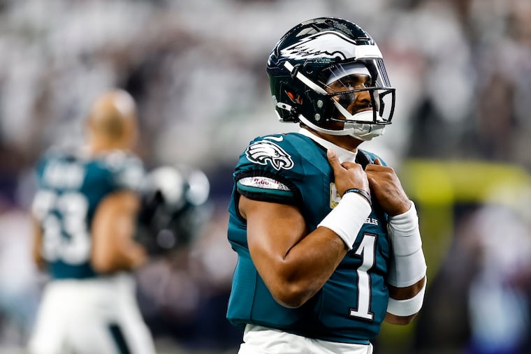 Philadelphia Eagles quarterback Jalen Hurts looks into the stands before the Dallas Cowboys game against the Philadelphia Eagles at AT&T Stadium on Sunday in Arlington, Texas . The Philadelphia Eagles defeated the Dallas Cowboys 34 to 6.