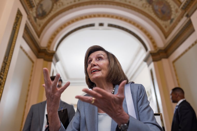 Former House Speaker Nancy Pelosi, D-Calif., speaks to reporters as the Republican majority works to approve President Donald Trump's request to claw back about $9 billion for public broadcasting and foreign aid on Thursday, July 17, 2025.