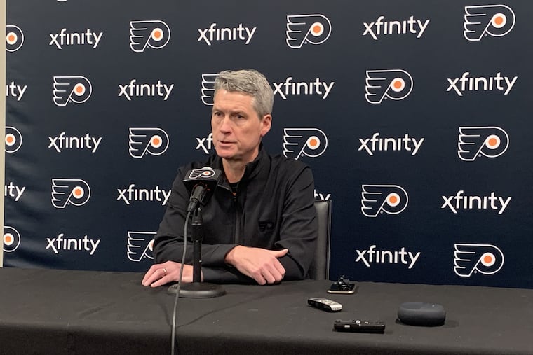 Flyers GM Chuck Fletcher addresses the media on Tuesday at the team's Voorhees training facility.