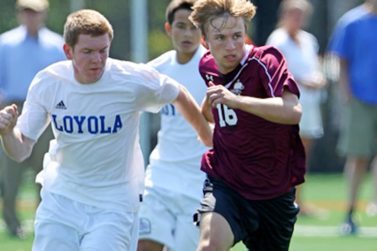 Haverford School senior Brett Campbell, #16, right, brings up the ball during an offensive rush against Loyola of Maryland during a friendly at the Shipley School. We preview the boys' soccer season with a feature on Haverford School senior Brett Campbell. ( MICHAEL BRYANT / Staff Photographer )
