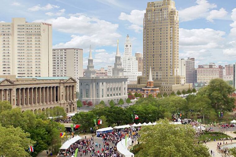 Artist rendering of the Mormon meeting house and 32-story residential tower. (Robert A.M. Stern Architects)