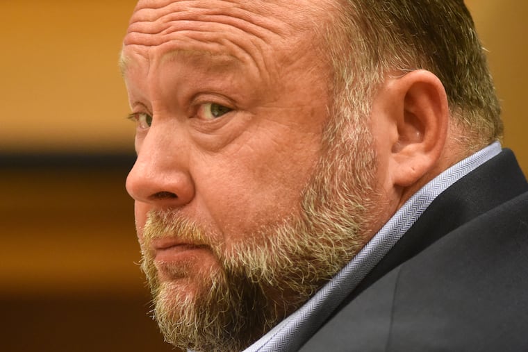 Infowars founder Alex Jones appears in court to testify during the Sandy Hook defamation damages trial at Connecticut Superior Court in Waterbury, Conn., on Thursday.