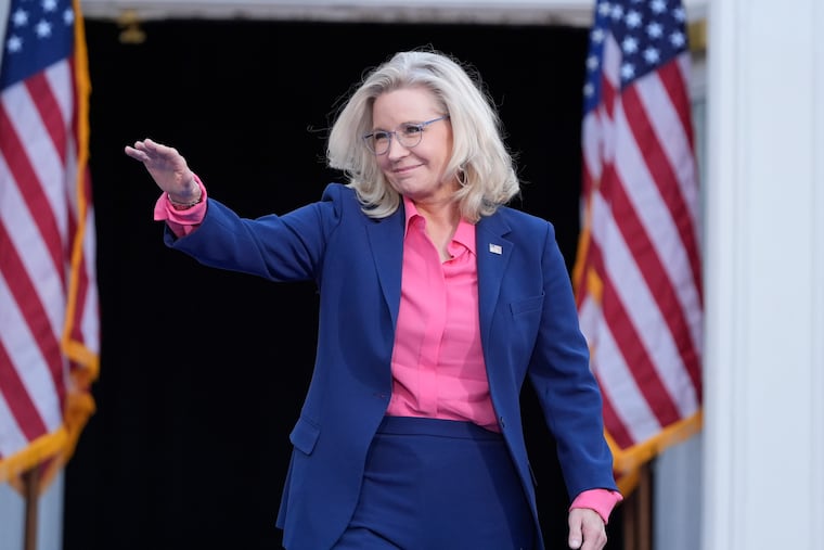 Former Congresswoman Liz Cheney, R-Wyo., arrives to speak at a campaign event for Democratic presidential nominee Vice President Kamala Harris at Ripon College in Ripon, Wis., Thursday, Oct. 3, 2024.