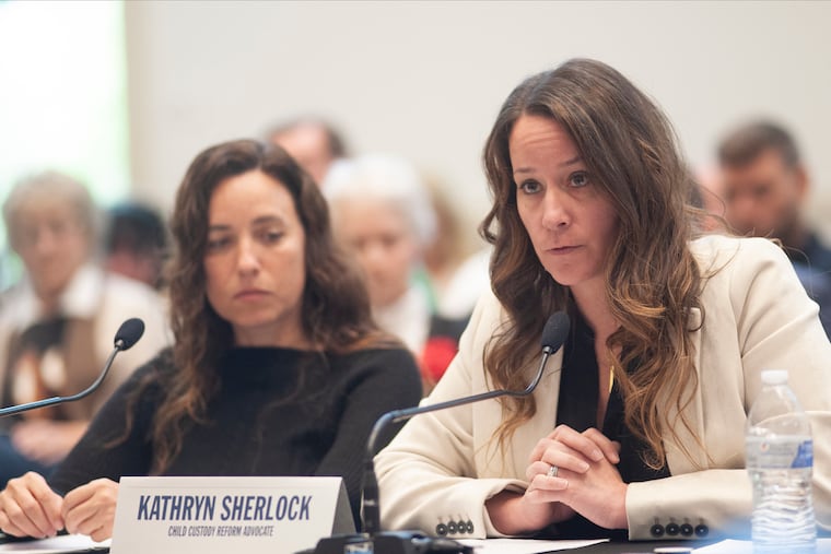 Kathryn Sherlock (right), mother of 7-year-old Kayden Mancuso, and Danielle Pollack (left), an ambassador with Child USA, testified at a State Senate committee hearing on the Kayden's Law bills at Lower Makefield Township Community Center in Yardley.
