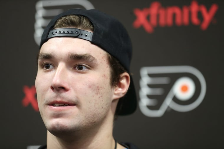 Ivan Provorov speaks as the Flyers clean out their lockers at the Flyers Skate Zone in Voorhees on Wednesday.