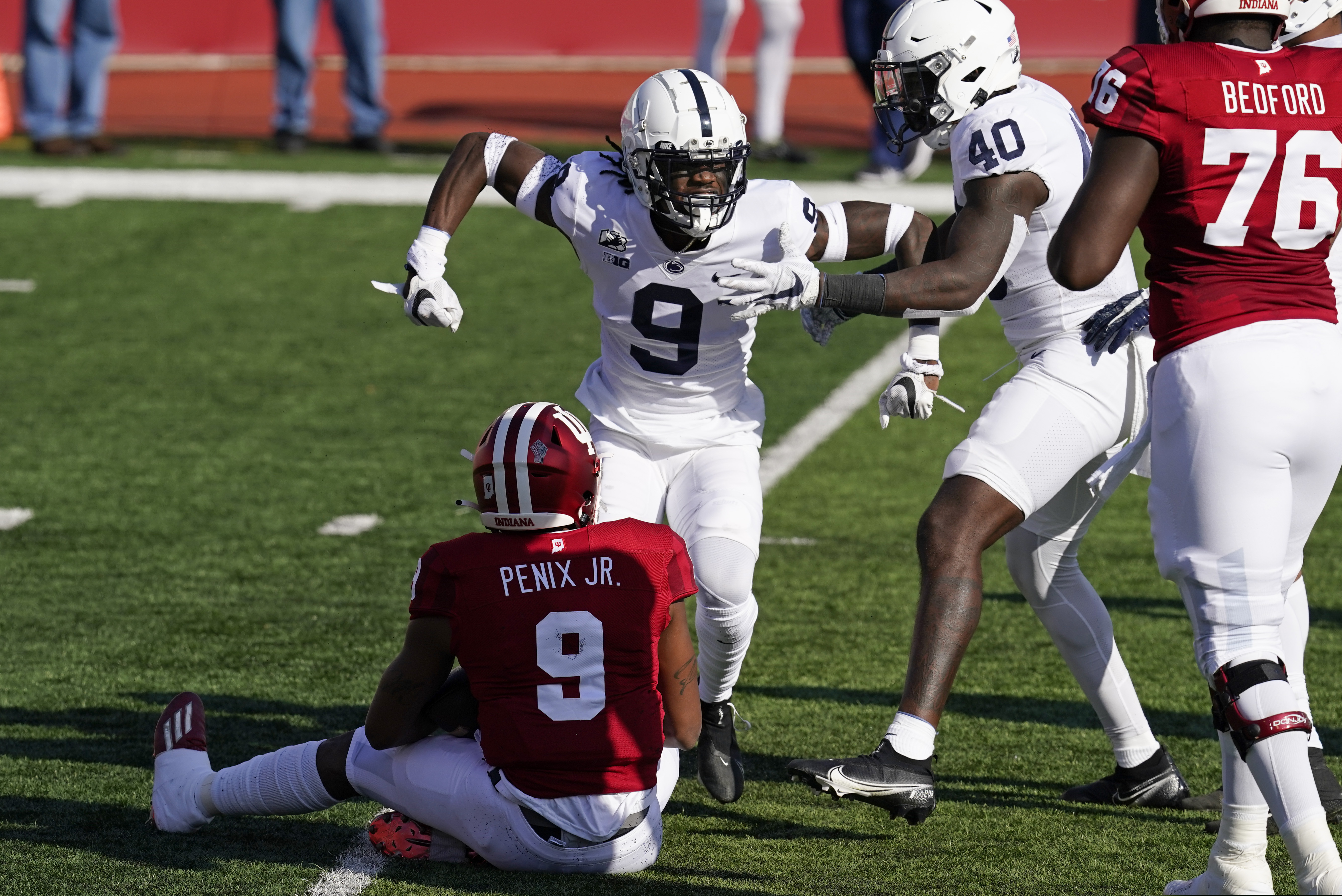 Penn State's Joey Porter Jr. (9) celebrates a sack of Indiana quarterback Michael Penix on Oct. 24.