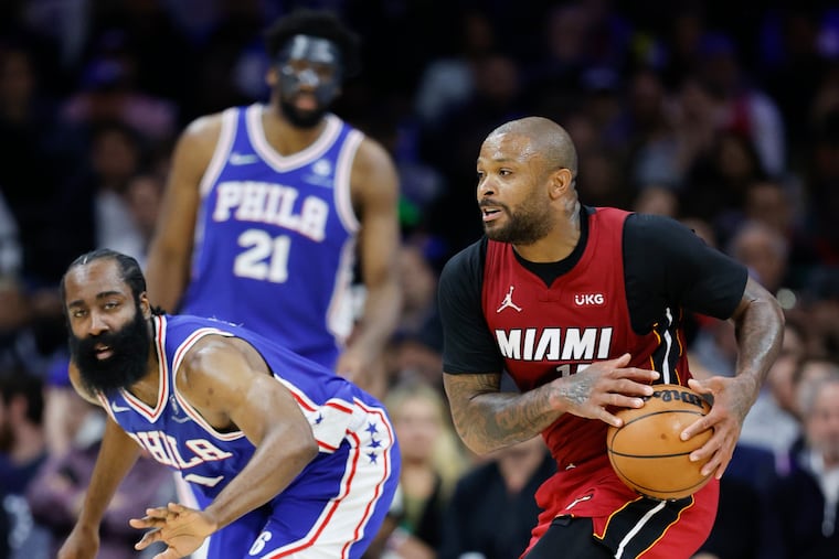 P.J. Tucker steals the ball from Sixers guard James Harden during a playoff game on May 6.