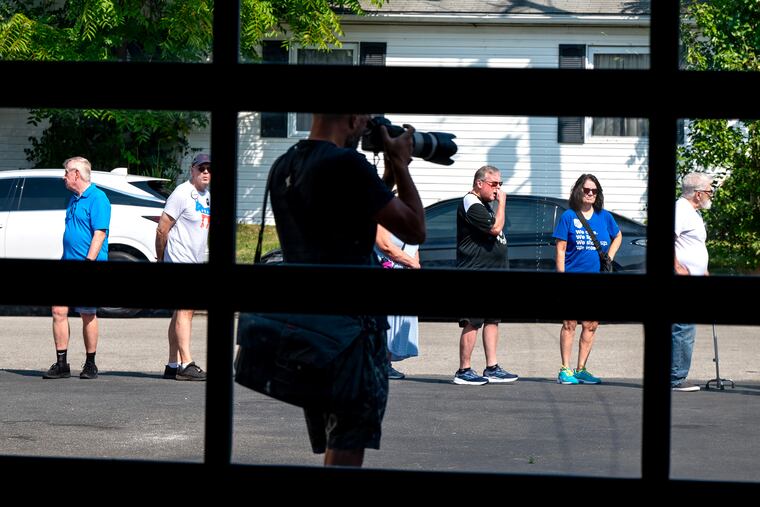 September 2, 2024: Supporters line up outside Neshaminy Creek Brewing in Croydon at a political campaign event in Bucks County.