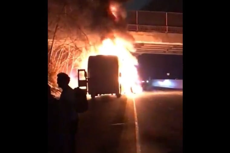 Image from video recorded by Dominic King of a bus fire Friday night on the Schuylkill Expressway.