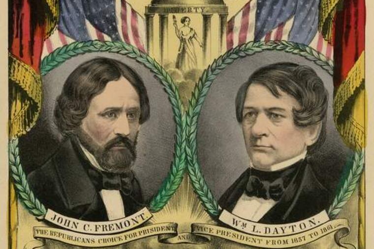 "Grand National Republican Banner," lithographed and published by N. Currier in 1856, promoted the first GOP ticket after a convention in Philadelphia's Musical Fund Hall. Historical Society of Pennsylvania