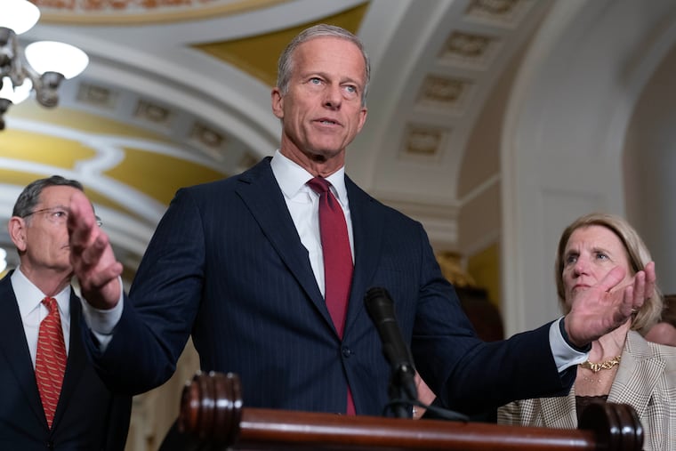 Senate Majority Leader John Thune, R-S.D., speaks to reporters after a weekly Republican luncheon, at the Capitol in Washington, Tuesday, March 10, 2026.