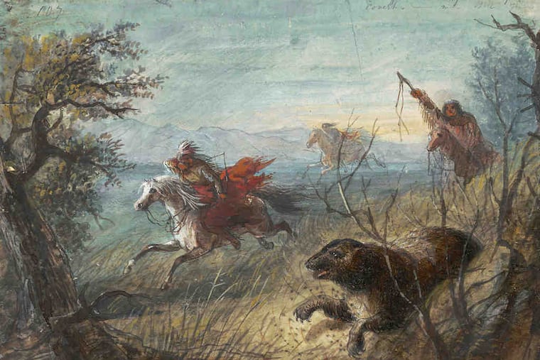 "Grizzly Bear Hunt" by Alfred Jacob Miller, with naive touches such as the hunted bear that looks more like a wolverine or a giant groundhog, and the "hobbyhorse" posture of galloping horses.