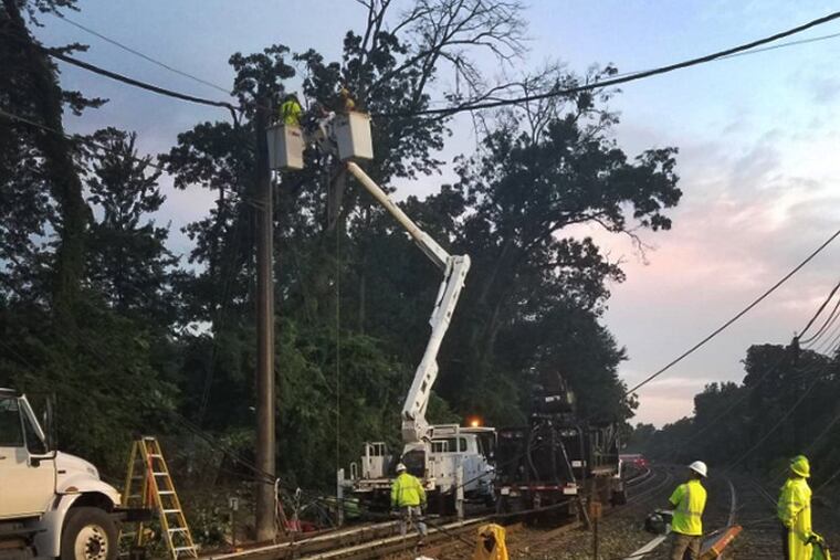 Crews working to restore full service on the PATCO High Speed Line after storms downed trees, power lines and a utility pole, stranding the Ashland and Lindenwold stations.