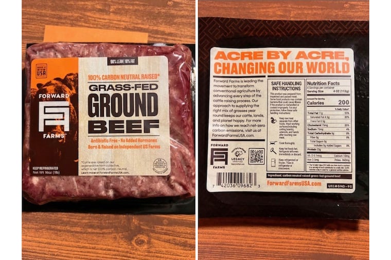 This combination of photos provided by the U.S. Department of Agriculture in December 2025 shows a 16-ounce package of Forward Farms Grass-Fed Ground Beef produced by Mountain West Food Group.