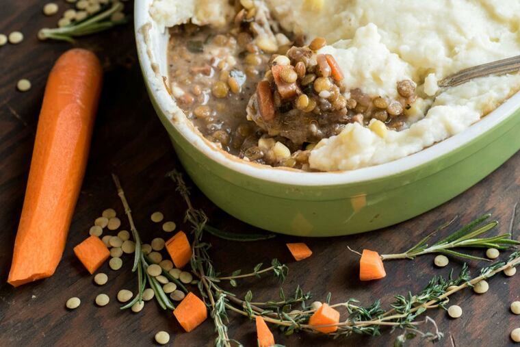 Lentil shepherd's pie, made without meat, but not "shepherdless."