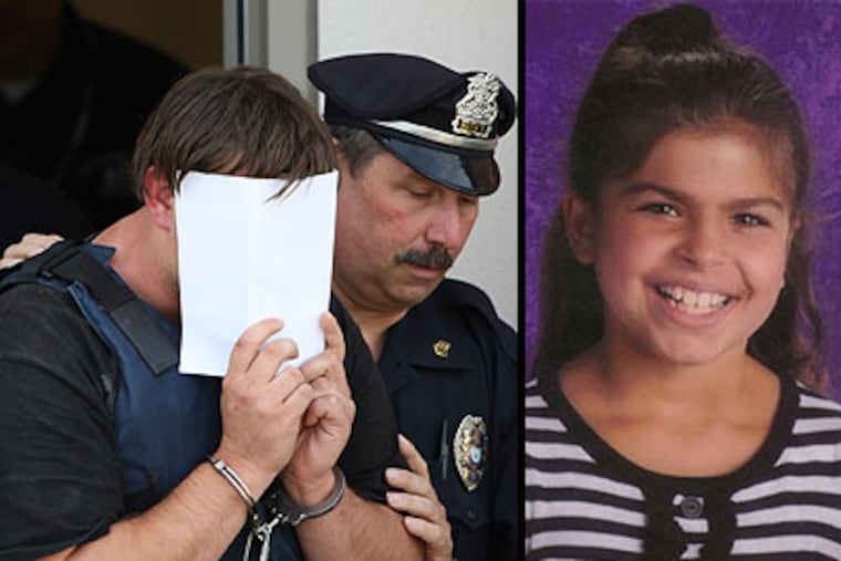 Souderton murder suspect James Lee Troutman (left) leaves district court on Tuesday. He was charged in the death of his 9-year-old neighbor, Skyler Kauffman (right). (Steven M. Falk / Staff Photographer)