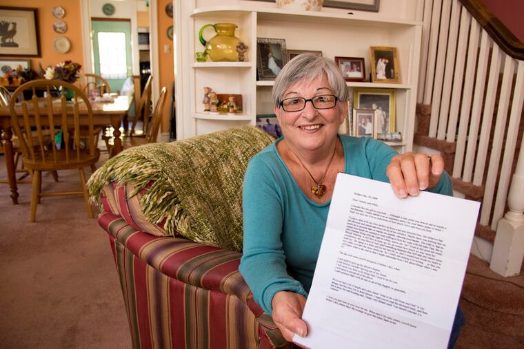 Terry Baraldi holds a copy of the letter she wrote to herself reminding her to cooperate when her children think it’s time for her to move from her home.