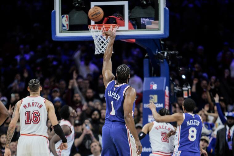 James Harden's bid for a game-winning three-pointer against the Heat is off the mark on Monday.