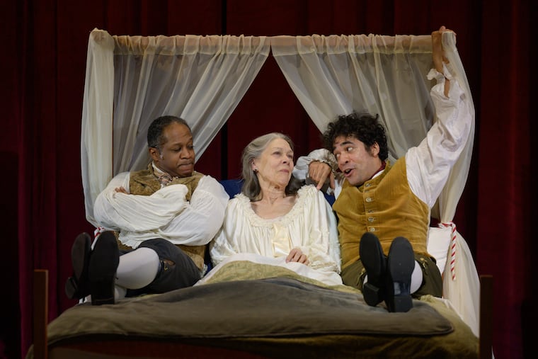 Steven Anthony Wright, Nancy Boykin, and Anthony Martinez Briggs in "The Most Spectacularly Lamentable Trial of Miz Martha Washington," at the Wilma Theater through April 5.