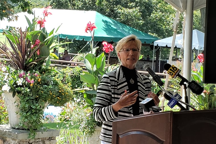 Mimi Griffin, shown speaking last month at an event publicizing the 2022 U.S. Senior Open at Saucon Valley Country Club in Bethlehem, said her marketing company is being respectful during the pandemic in attempting to sell corporate hospitality packages for major golf events. (Photo courtesy Saucon Valley Country Club)