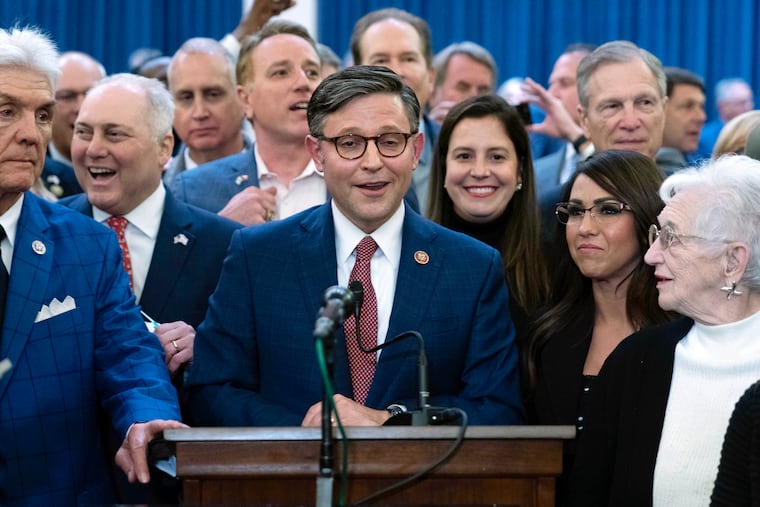 Rep. Mike Johnson (R., La.) speaks after he was chosen as the Republicans' latest nominee for House speaker at a Republican caucus meeting at the U.S. Capitol in Washington, Tuesday, Oct. 24, 2023.