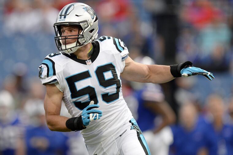 FILE – In this Aug. 9, 2018, file photo, Carolina Panthers linebacker Luke Kuechly chases a play during the first half of an NFL football game against the Buffalo Bills, in Orchard Park, N.Y.
