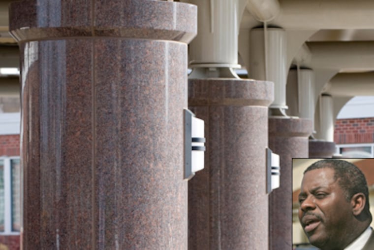 Before the new Garden Pavilion, left, at the Wilson Park housing complex in South Philly was finished in June, Carl R. Greene (inset), then-PHA chief, ordered granite sheathing for columns. The cost: $448,700. (Clem Murray / Staff Photographer)