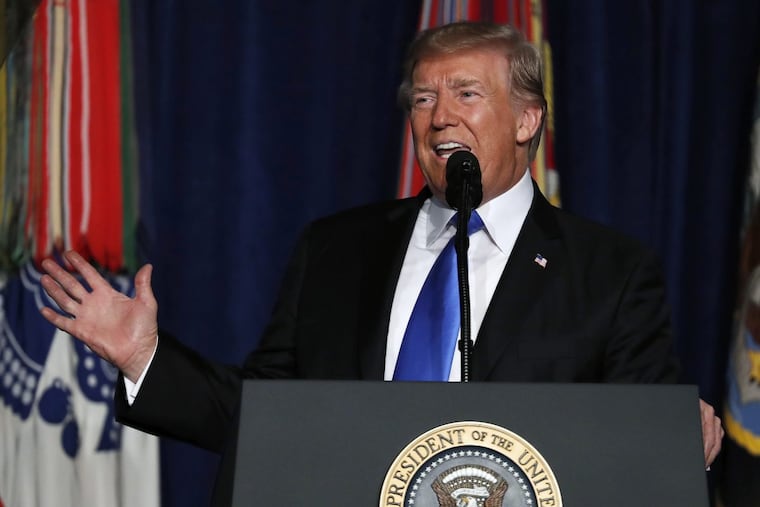 President Donald Trump speaks at Fort Myer in Arlington Va., Monday, Aug. 21, 2017, during a Presidential Address to the Nation about a strategy he believes will best position the U.S. to eventually declare victory in Afghanistan. (AP Photo/Carolyn Kaster)