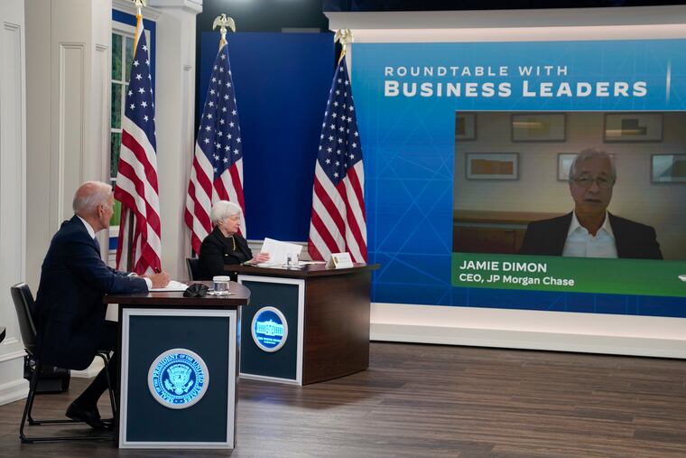 President Joe Biden and Treasury Secretary Janet Yellen listen as Jamie Dimon, CEO of JP Morgan Chase, speaks during a meeting with business leaders about the debt limit in the South Court Auditorium on the White House campus Wednesday.
