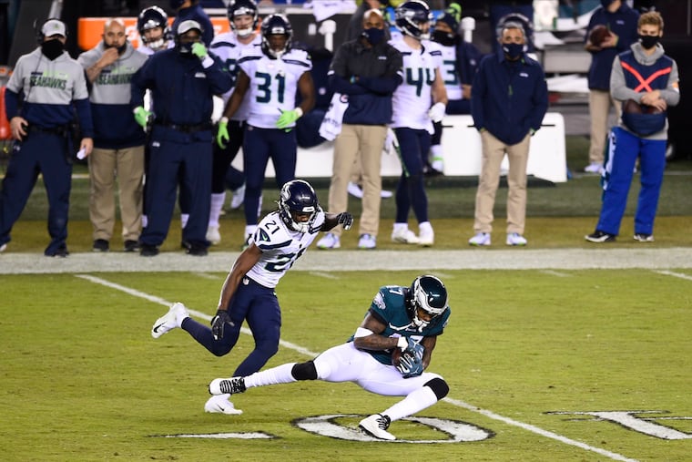 Eagles WR Alshon Jeffery, who finished with 15 receiving yards, makes one of his two catches in Monday's 23-17 loss to the Seahawks.