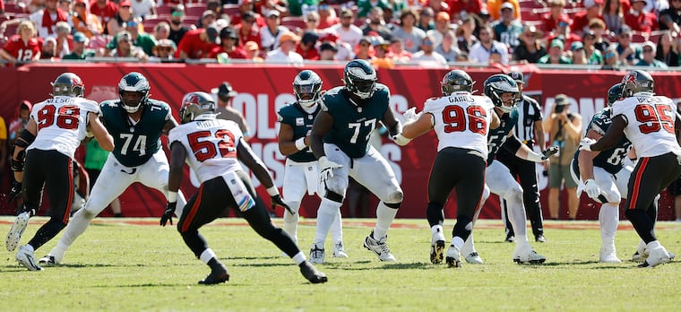 Jalen Hurts drops back to pass during last year's loss to the Bucs in Tampa.
