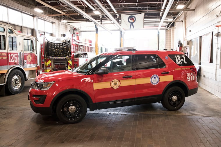 The Philadelphia Fire Department's new EMS alternative response unit (AR-2) focusing on overdoses is seen in Philadelphia, Wednesday, June 5, 2019. A new opioid response team in Philadelphia is pairing paramedics with social service case workers with the goal of getting overdose survivors into treatment. (AP Photo/Matt Rourke)