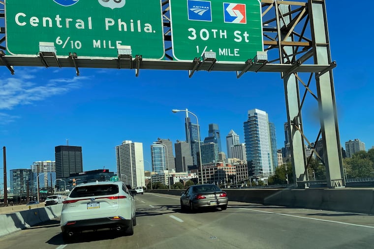 The Philadelphia skyline is seen from westbound I-76.