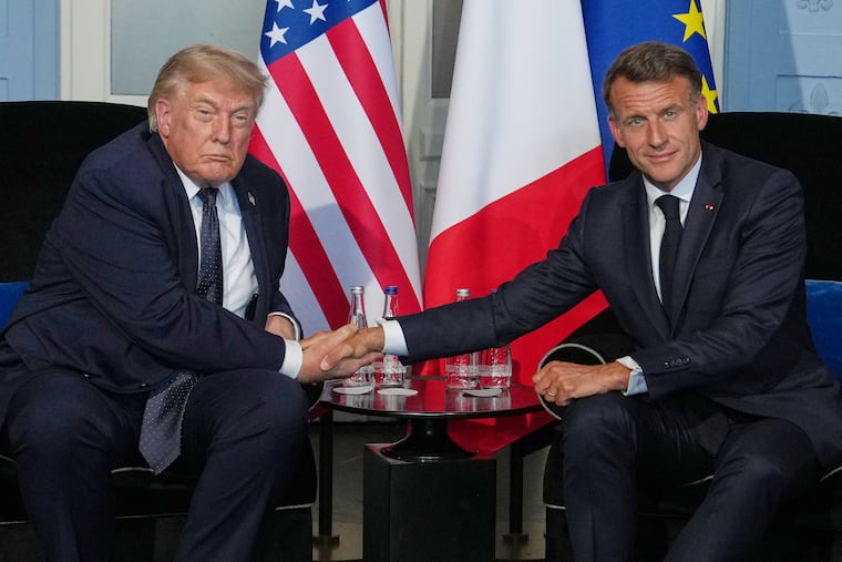 President Donald Trump meets with French President Emmanuel Macron during a bilateral meeting on the sidelines of the G7 summit, Monday, June 15, 2026, in Evian-les-Bains, France.