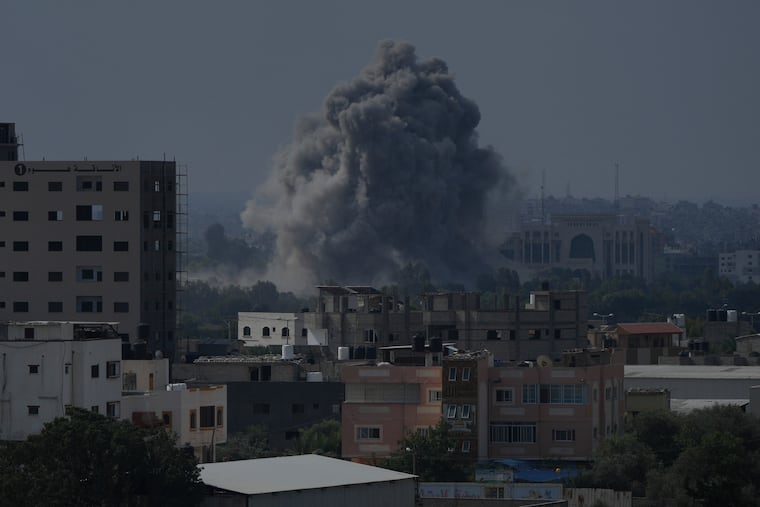 Smoke rises following an Israeli airstrike in Gaza City on Wednesday, Oct. 11, 2023.