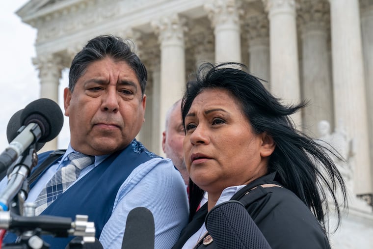 Beatriz Gonzalez, right, the mother of 23-year-old Nohemi Gonzalez, a student killed in the Paris terrorist attacks, and stepfather Jose Hernandez, speak outside the Supreme Court in February in Washington.