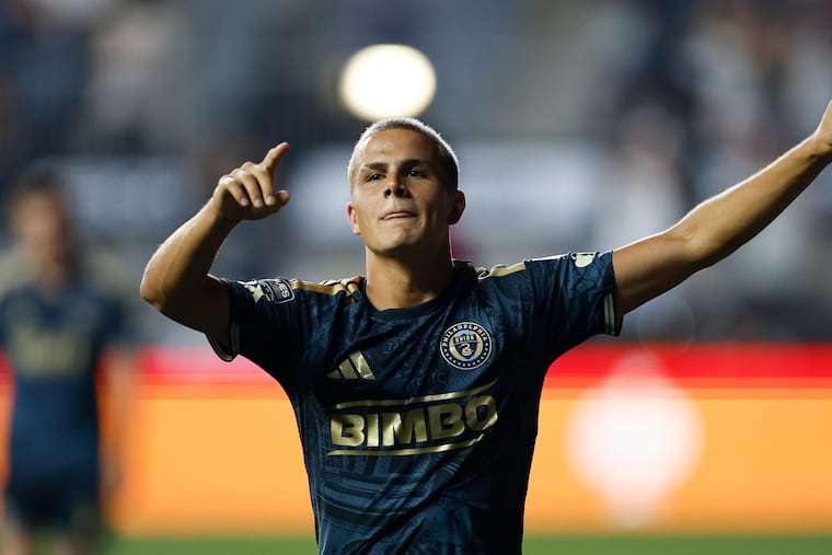 Union’s Cavan Sullivan celebrates after scoring a second half goal against Necaxa in Leagues Cup group stage game at Subaru Park in Chester on Sunday, Aug. 9, 2026.
