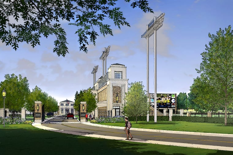 Architectrual rendering of the planned Abessinio Stadium. Funded with a $16 million gift to neighboring Salesianum School from banker Rocco Abessinio, who graduated from the nearby high school 59 years ago, it will replace worn Baynard Stadium in a park in Wilmington, Del., and will be operated by the school and available to other teams and community groups under a long-term city lease