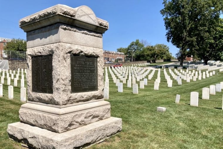 The Confederate Soldiers and Sailors monument, erected in Philadelphia National Cemetery in 1912, to honor the soldiers who fought for the South and who were buried here after their deaths at Philadelphia-area Civil War hospitals.
