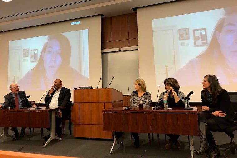 A panel convened Nov. 27 at the Villanova Law Institute to Address Commercial Sexual Exploitation and The David F. and Constance B. Girard-diCarlo Center for Ethics, Integrity, and Compliance, screening "The Trap" documentary. From left, Prof. Steve Chanenson, Secretary John Wetzel of the Pennsylvania Department of Corrections, Nicole Bell, Marian Hatcher, Shea Rhodes, and (via Skype) Mei Ling McNamara.