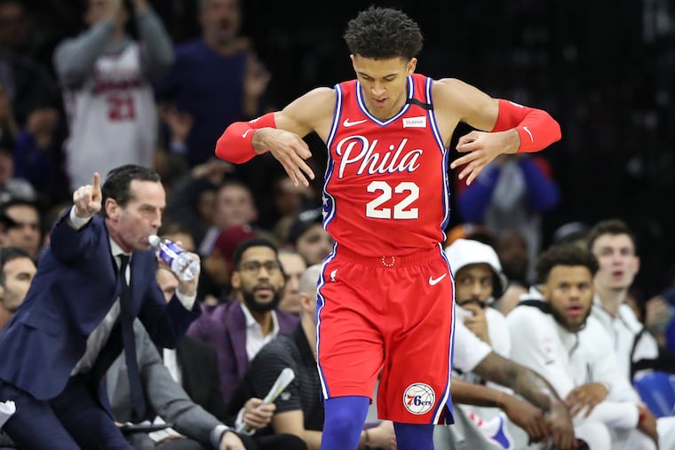 Sixers' Matisse Thybulle celebrates after a made three-pointer in the second quarter of a game against the Brooklyn Nets at the Wells Fargo Center in on Wednesday.