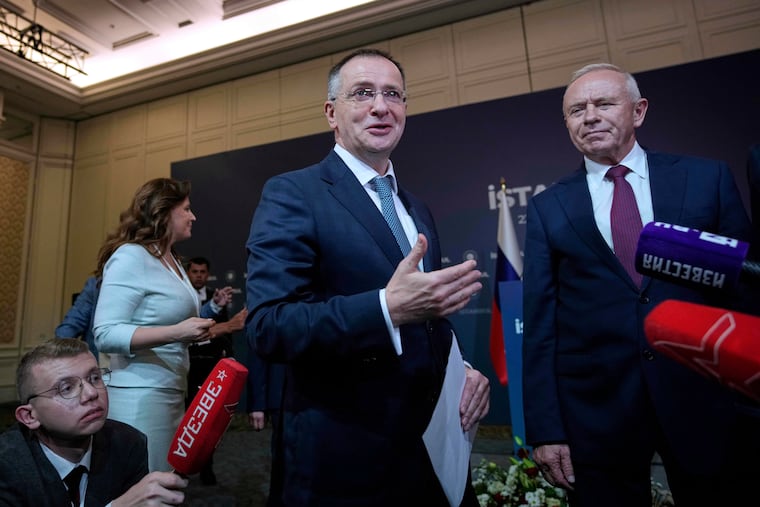 Russian presidential aide Vladimir Medinsky arrives for a news conference following a meeting between Russian and Ukrainian delegations for peace talks at the Ciragan Palace in Istanbul, Turkey, on July 23, 2025.