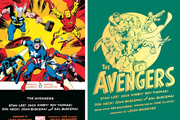 This combination of photos released by Penguin Classics shows paperback cover art, left, and hard cover art for "The Avengers," the latest edition to the Penguin Classics Marvel Collection.