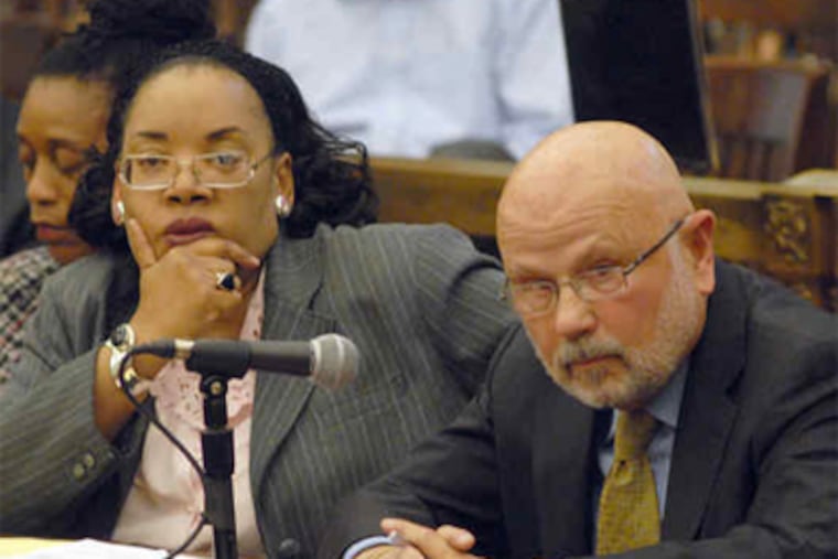 BRT Chairwoman Charlesretta Meade and member Harvey Levin listen to Council's questions on the intentions of the board, which could be abolished by a charter change. (April Saul / Staff Photographer)
