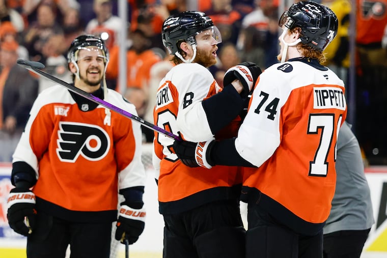 The Flyers celebrate on Wednesday after advancing to the second round of the playoffs for the first time since 2020.