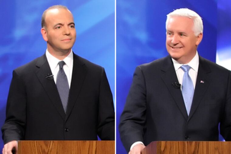 Democrat Dan Onorato (left) and Tom Corbett (right) debated gas drilling, property taxes and more Monday night. (Steven M. Falk / Staff Photographer)